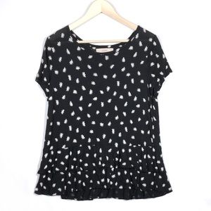Loft Black Printed Ruffle Short Sleeve Shirt - L